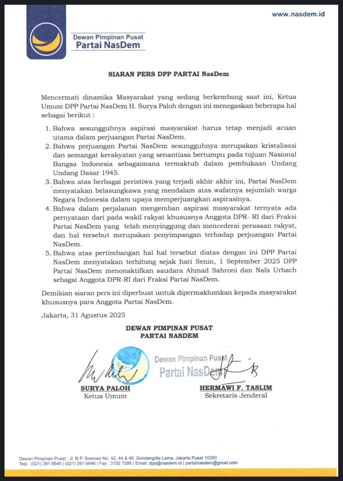 IMG-20250831-WA0020 PARTAI NASDEM COPOT DUA KADERNYA DI DPR-RI