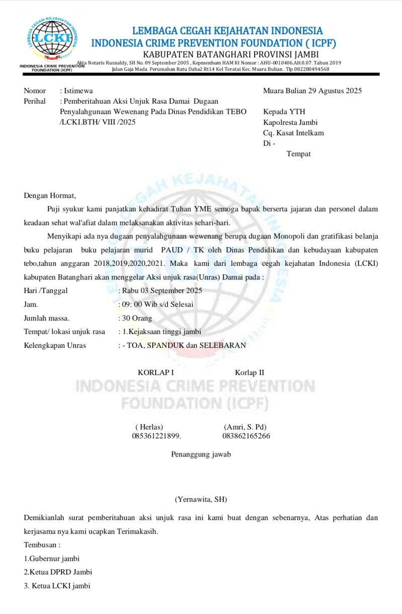 Surat Pemberitahuan UNRAS kepada Kapolresta Jambi oleh LCKI.