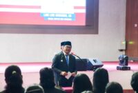 Bupati Deli Serdang saat Memberikan Sambutannya Saat Pelantikan Di Grha Bhineka Perkasa Jaya, Lubuk Pakam.