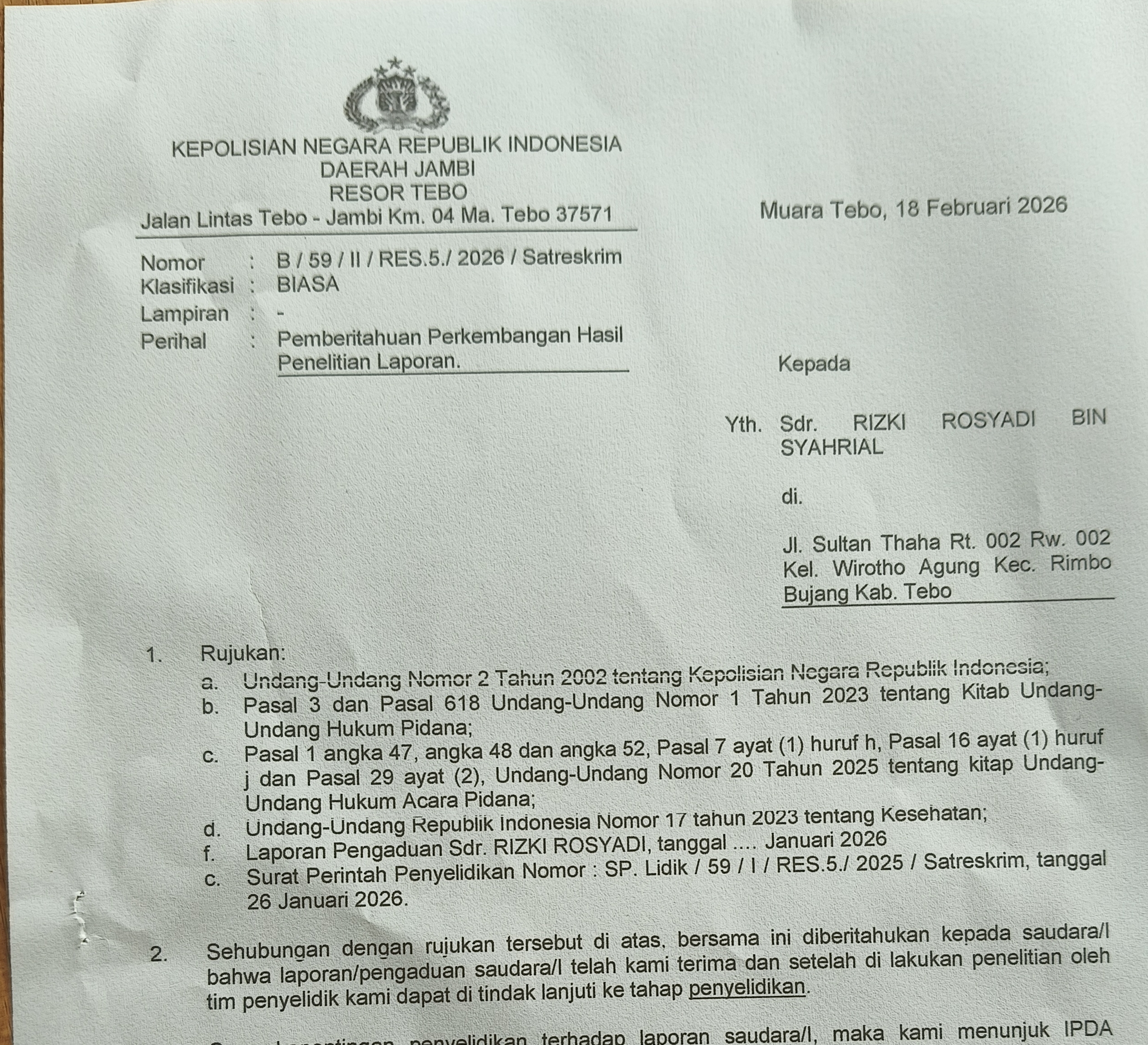 IMG_20260218_193357 LAPORAN RUMAH SAKIT UMUM SETIA BUDI RESMI MASUK TAHAP PENYELIDIKAN OLEH POLRES TEBO