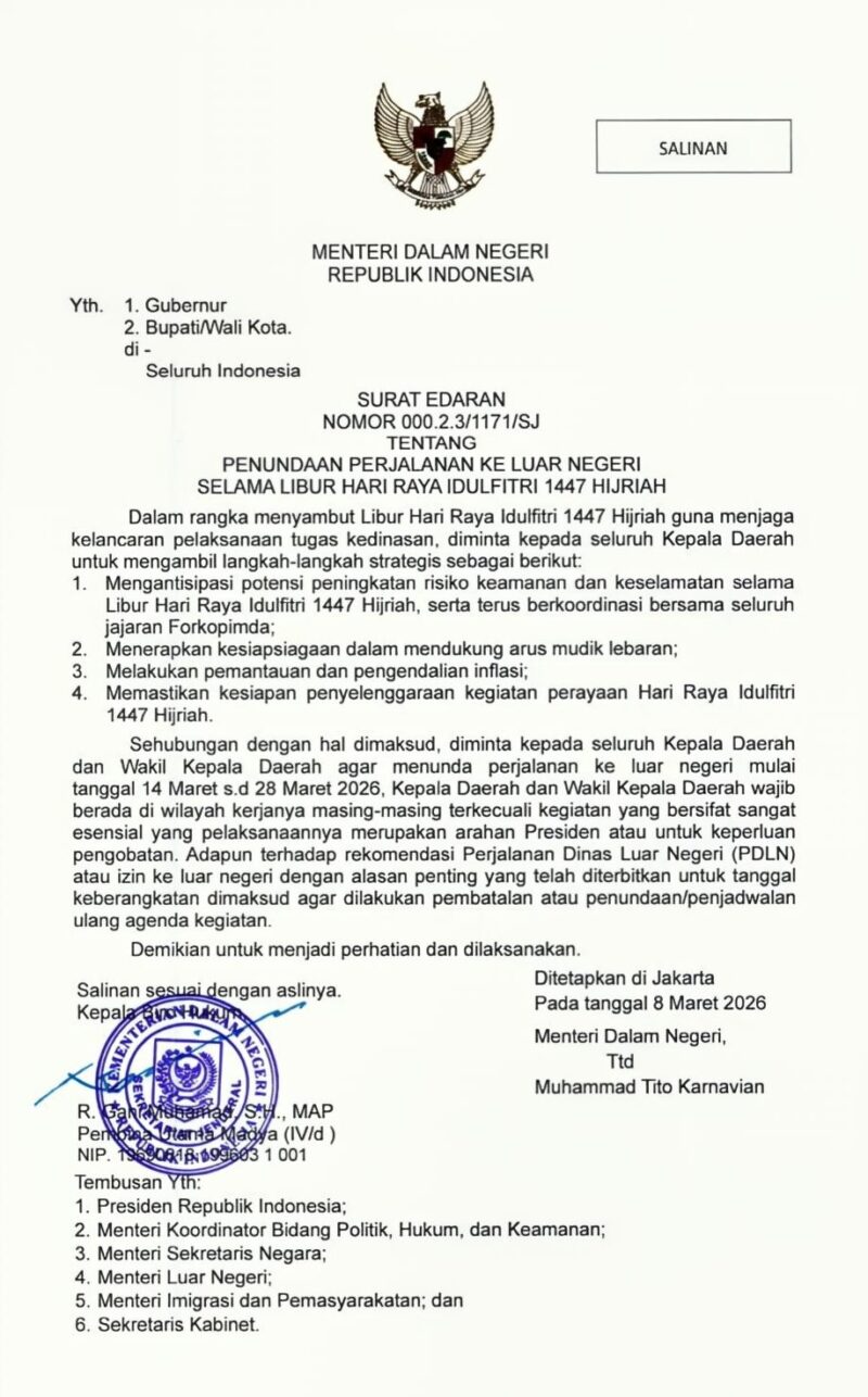 Surat Edaran Menteri Dalam Negeri atas Penundaan Perjalanan Dinas Para Pejabat Daerah
