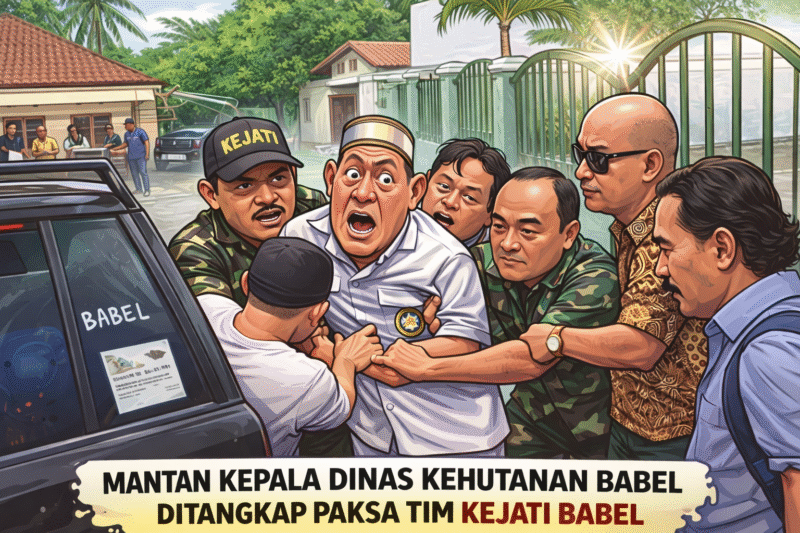 Foto Karikatur Mantan Kadis Kehutanan dan LH Kep.Babel, Ditangkap Paksa Tim Kejati Babel.