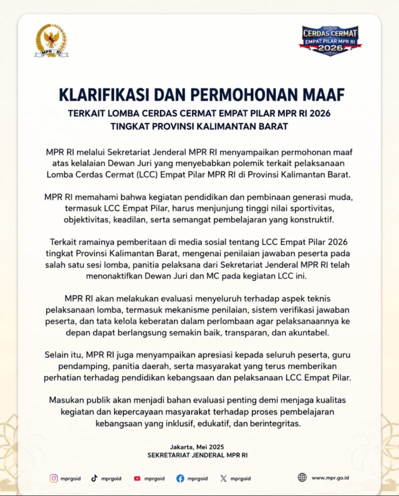 Klarifikasi MPR RI Terkait Polemik Lomba Cerdas Cermat Empat Pilar MPR RI 2026 Kalimantan Barat